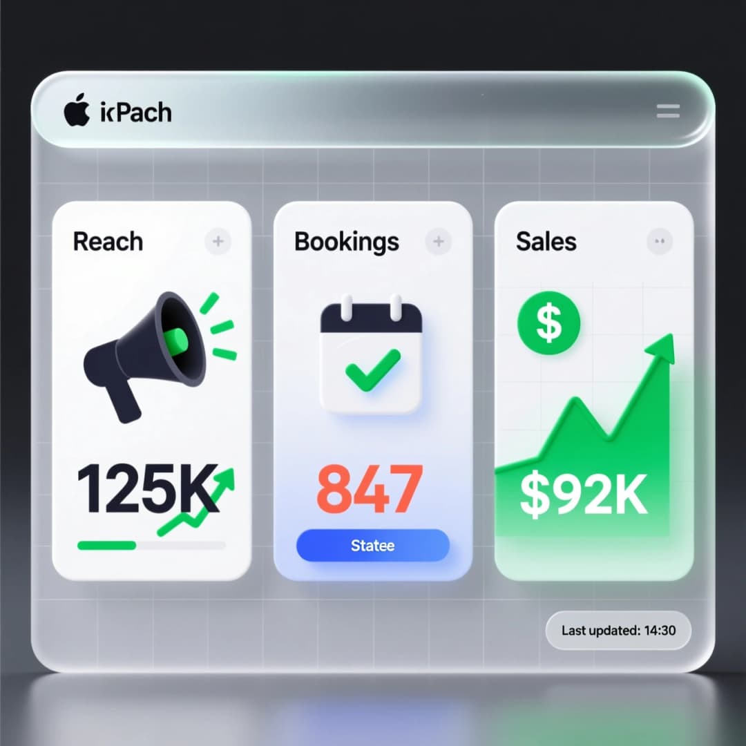 3-box KPI dashboard mock (Reach → Bookings → Sales)