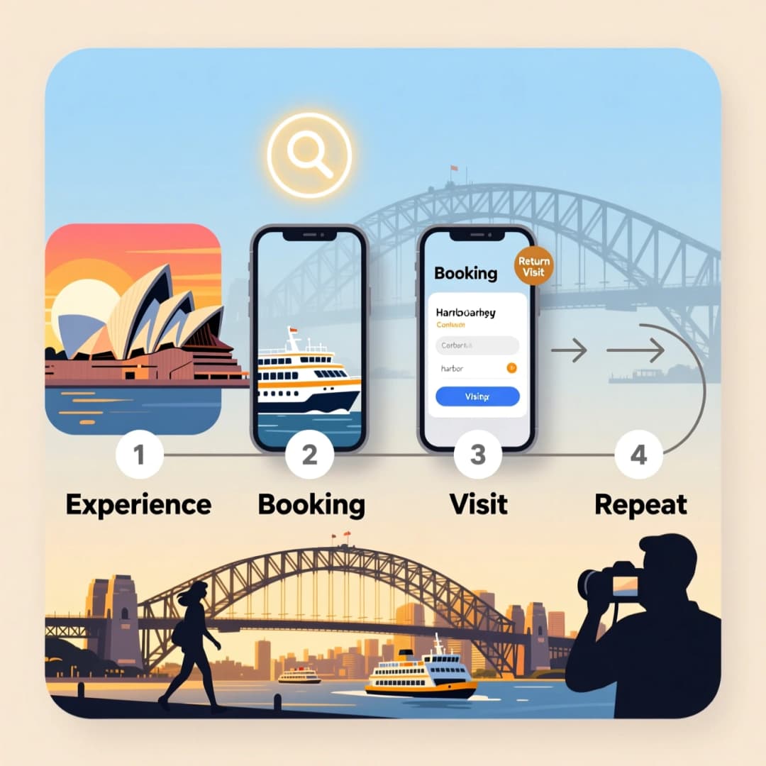 Diagram of experience → booking → visit → repeat with Sydney landmarks